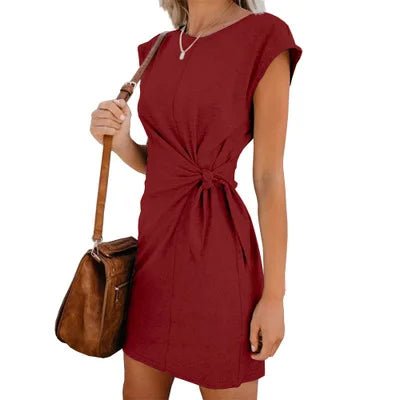 Hot Sell Women Crew Neck Self Tie Knot Casual Mini Dress - Zeprah
