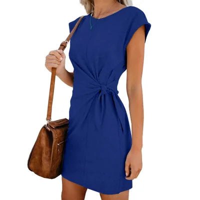 Hot Sell Women Crew Neck Self Tie Knot Casual Mini Dress - Zeprah