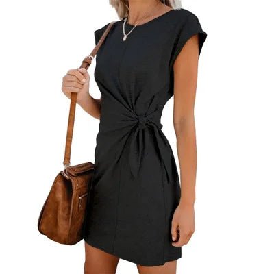 Hot Sell Women Crew Neck Self Tie Knot Casual Mini Dress - Zeprah