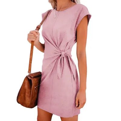 Hot Sell Women Crew Neck Self Tie Knot Casual Mini Dress - Zeprah
