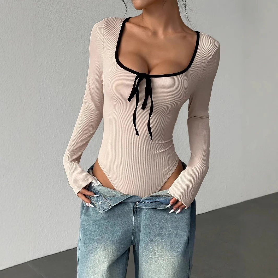 Hot - selling Gentle square Collar Fashion Jumpsuit Bow Long Sleeve Women's Jumpsuit - Zeprah