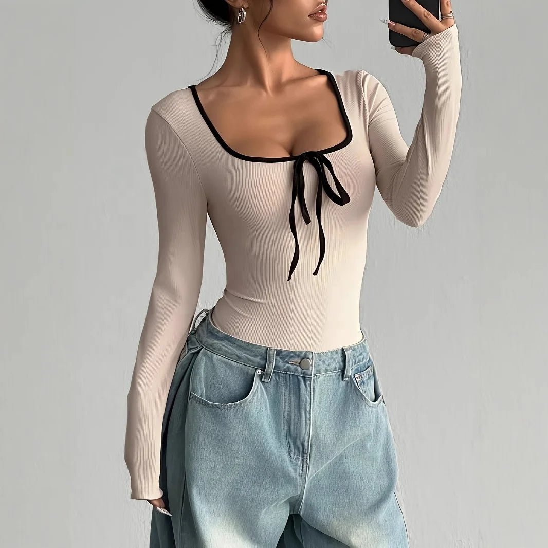 Hot - selling Gentle square Collar Fashion Jumpsuit Bow Long Sleeve Women's Jumpsuit - Zeprah