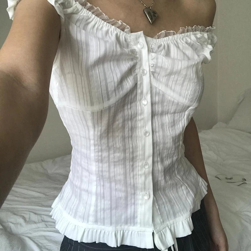Hot Selling Women's Breathable Lace Patchwork Short Sweet Button Sleeveless Slim Fit Tank Tops Summer New Product Sexy Vest - Zeprah