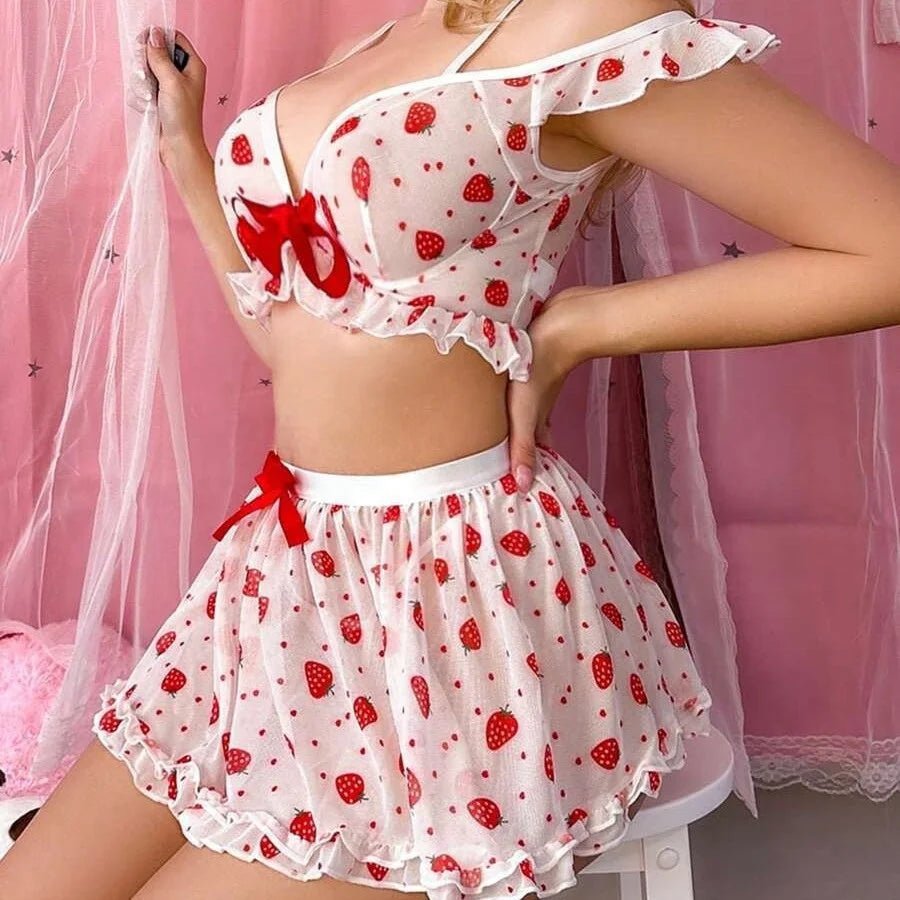 Hot Strawberry Printing Stitching Lace Cute Pajamas Skirt Suit Casual Comfortable - Zeprah