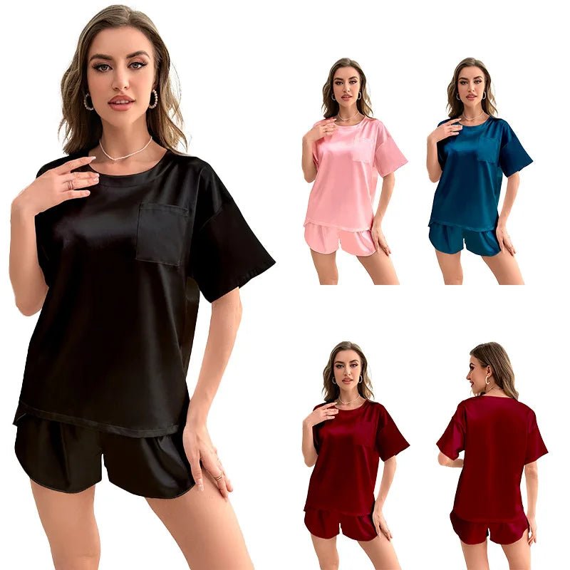 Ice Silk Breathable Women's Summer Solid Color Short - sleeved Shorts Casual Home Suit Nightgowns Elastic Waist - Zeprah