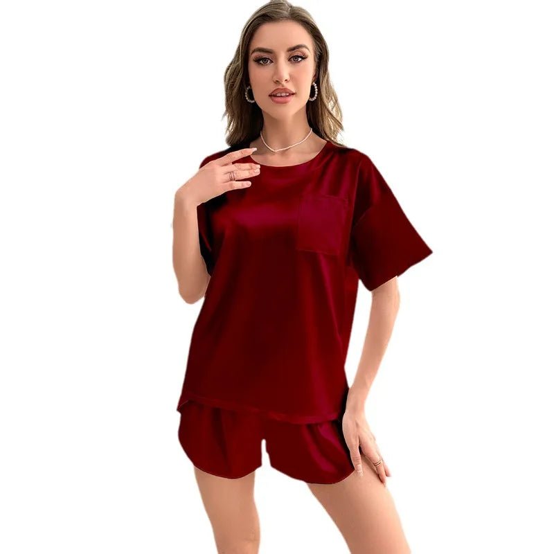 Ice Silk Breathable Women's Summer Solid Color Short - sleeved Shorts Casual Home Suit Nightgowns Elastic Waist - Zeprah