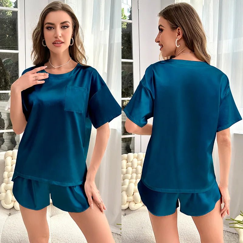 Ice Silk Breathable Women's Summer Solid Color Short - sleeved Shorts Casual Home Suit Nightgowns Elastic Waist - Zeprah