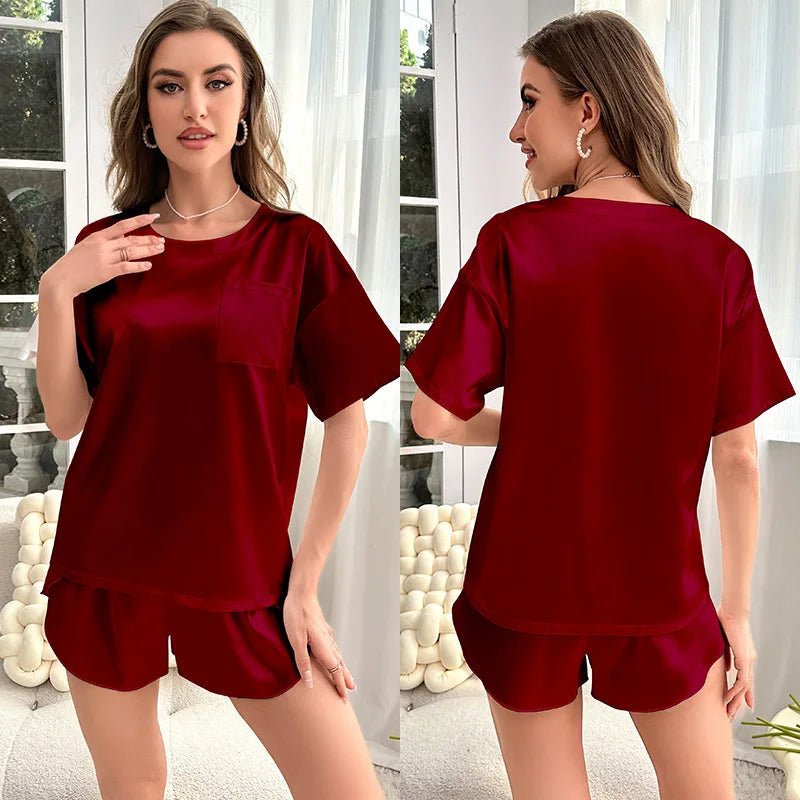 Ice Silk Breathable Women's Summer Solid Color Short - sleeved Shorts Casual Home Suit Nightgowns Elastic Waist - Zeprah