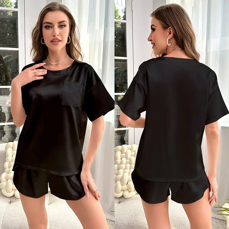 Ice Silk Breathable Women's Summer Solid Color Short - sleeved Shorts Casual Home Suit Nightgowns Elastic Waist - Zeprah