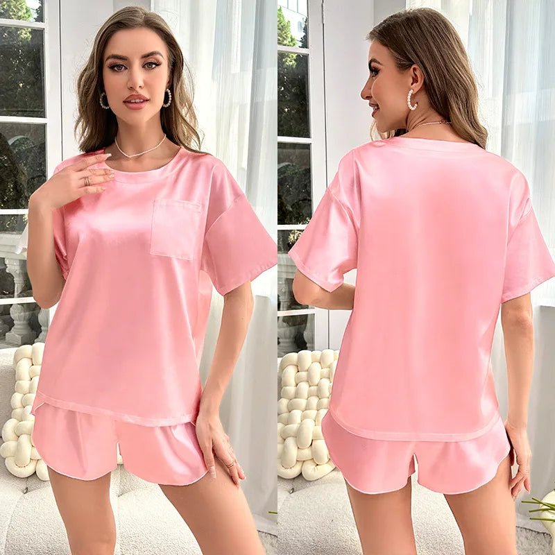 Ice Silk Breathable Women's Summer Solid Color Short - sleeved Shorts Casual Home Suit Nightgowns Elastic Waist - Zeprah