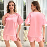 Ice Silk Breathable Women's Summer Solid Color Short - sleeved Shorts Casual Home Suit Nightgowns Elastic Waist - Zeprah