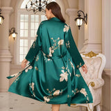 Ice Silk Floral Front Women High - End Hotel Lace - Up Bathrobe Summer Breathable Thin Printed Long - Sleeved Nightgown - Zeprah