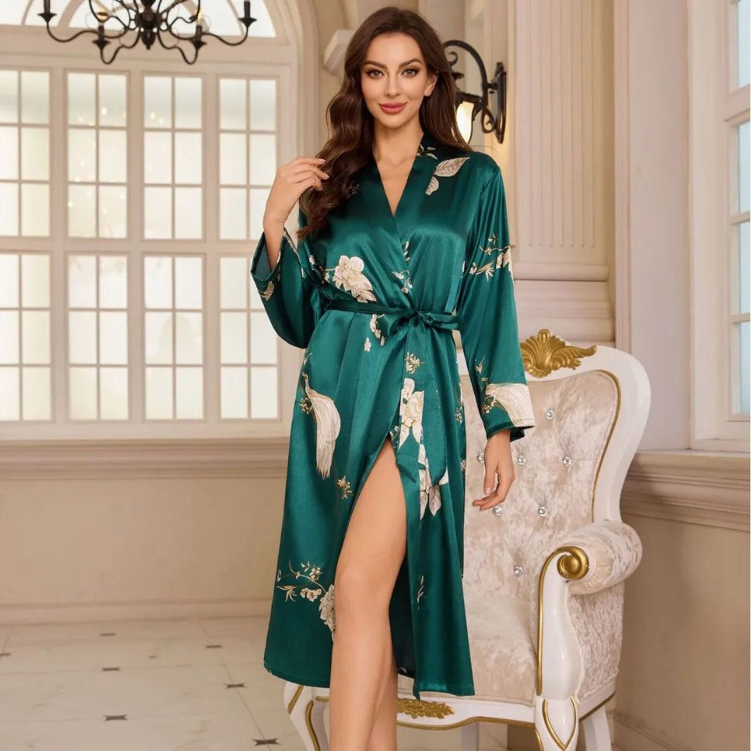 Ice Silk Floral Front Women High - End Hotel Lace - Up Bathrobe Summer Breathable Thin Printed Long - Sleeved Nightgown - Zeprah