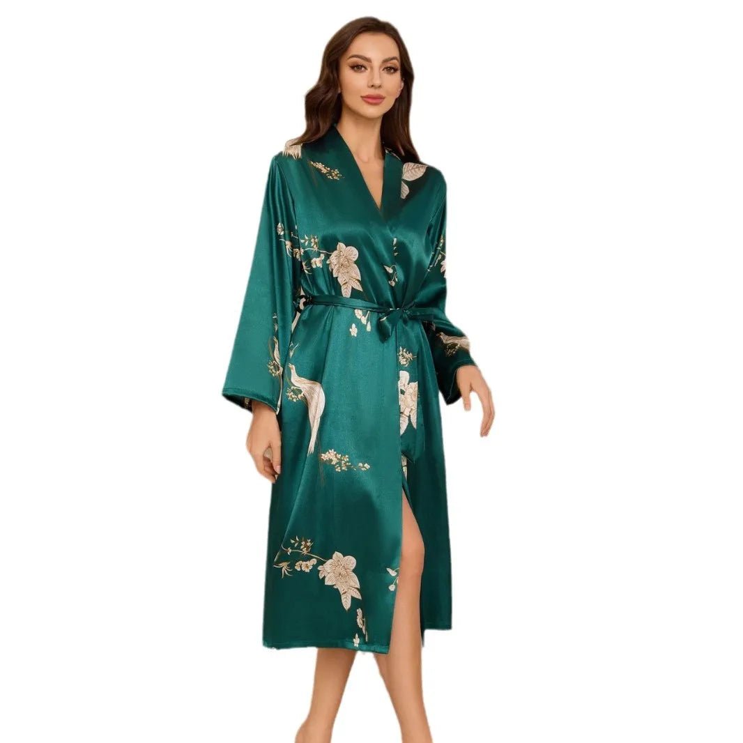 Ice Silk Floral Front Women High - End Hotel Lace - Up Bathrobe Summer Breathable Thin Printed Long - Sleeved Nightgown - Zeprah