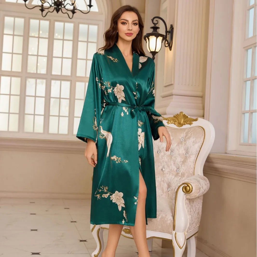 Ice Silk Floral Front Women High - End Hotel Lace - Up Bathrobe Summer Breathable Thin Printed Long - Sleeved Nightgown - Zeprah