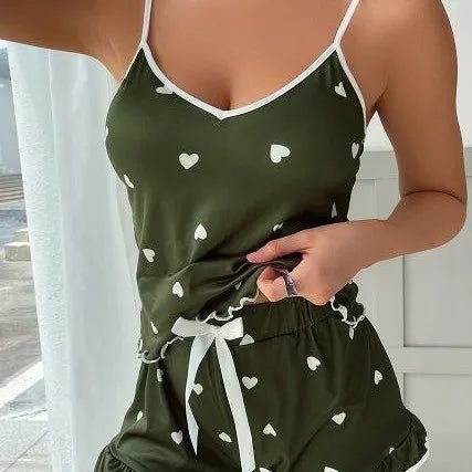 Ice Silk Printed Pajamas Set Soft Casual Style Above Knee Shorts Camisole - Zeprah