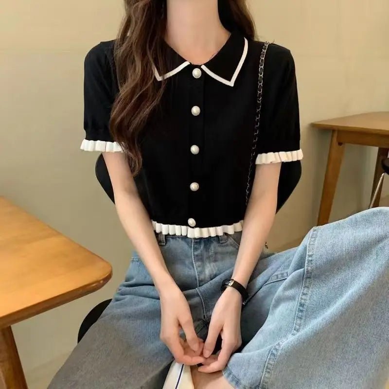 Ice Silk Short Knit Cardigan Short Sleeve Ice Silk Polo Shirt Knitted Short - sleeved Blouse - Zeprah