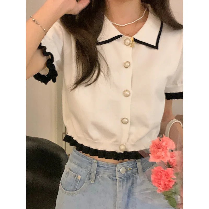 Ice Silk Short Knit Cardigan Short Sleeve Ice Silk Polo Shirt Knitted Short - sleeved Blouse - Zeprah