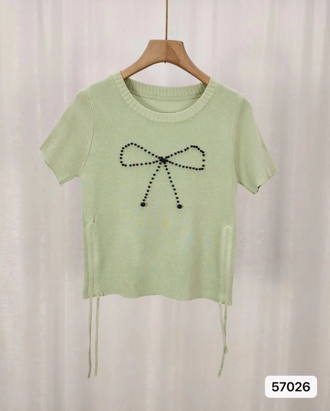 Ice Silk Short Sleeve Top Bow Round Neck Tops for Women Knitted T-shirt for Women - Zeprah