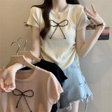 Ice Silk Short Sleeve Top Bow Round Neck Tops for Women Knitted T-shirt for Women - Zeprah