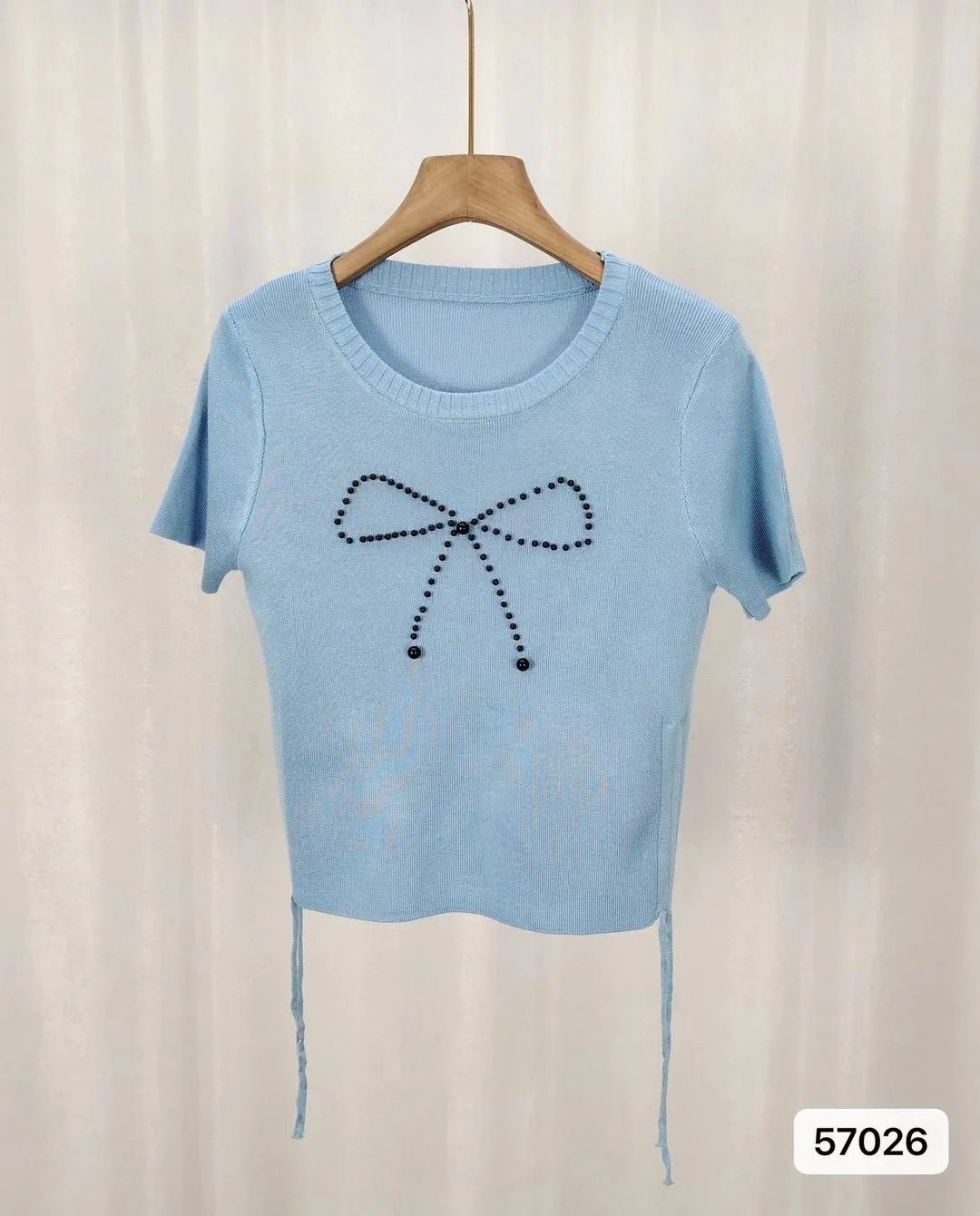 Ice Silk Short Sleeve Top Bow Round Neck Tops for Women Knitted T-shirt for Women - Zeprah