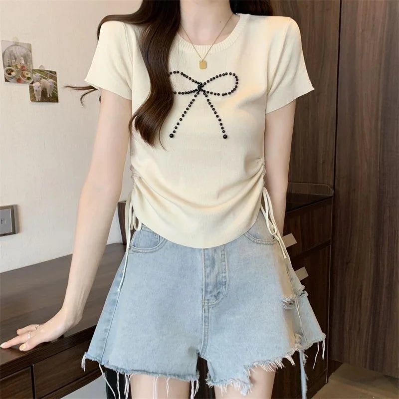 Ice Silk Short Sleeve Top Bow Round Neck Tops for Women Knitted T-shirt for Women - Zeprah