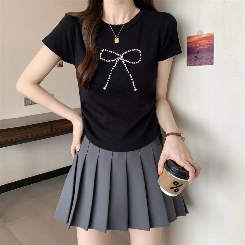 Ice Silk Short Sleeve Top Bow Round Neck Tops for Women Knitted T-shirt for Women - Zeprah