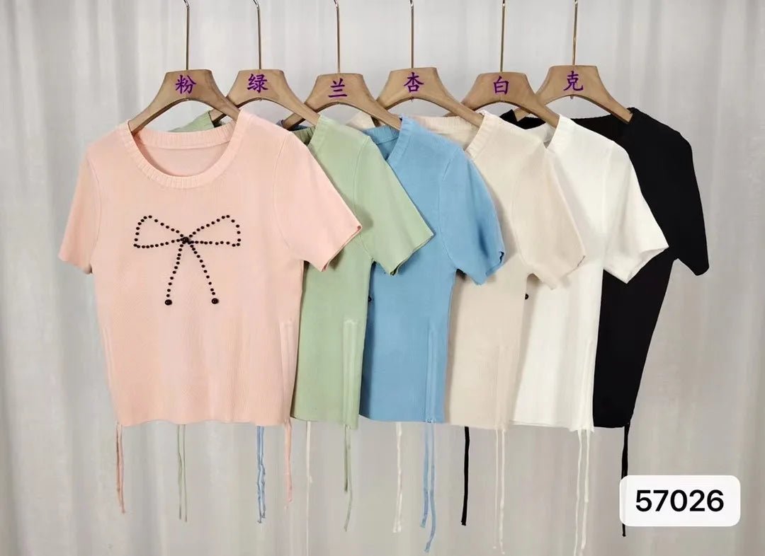 Ice Silk Short Sleeve Top Bow Round Neck Tops for Women Knitted T-shirt for Women - Zeprah