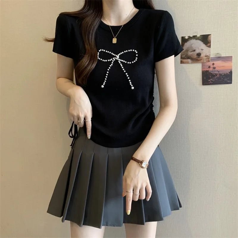 Ice Silk Short Sleeve Top Bow Round Neck Tops for Women Knitted T-shirt for Women - Zeprah