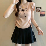 Ice Silk Short Sleeve Top Bow Round Neck Tops for Women Knitted T-shirt for Women - Zeprah