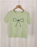 Ice Silk Short Sleeve Top Bow Round Neck Tops for Women Knitted T-shirt for Women - Zeprah