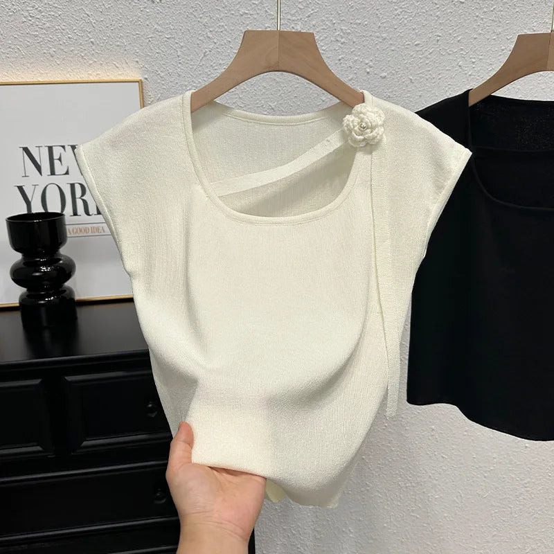 Ice Silk Tank Top for Women Knitted Women's Tanks Camis Skew Collar Going Out Tops - Zeprah
