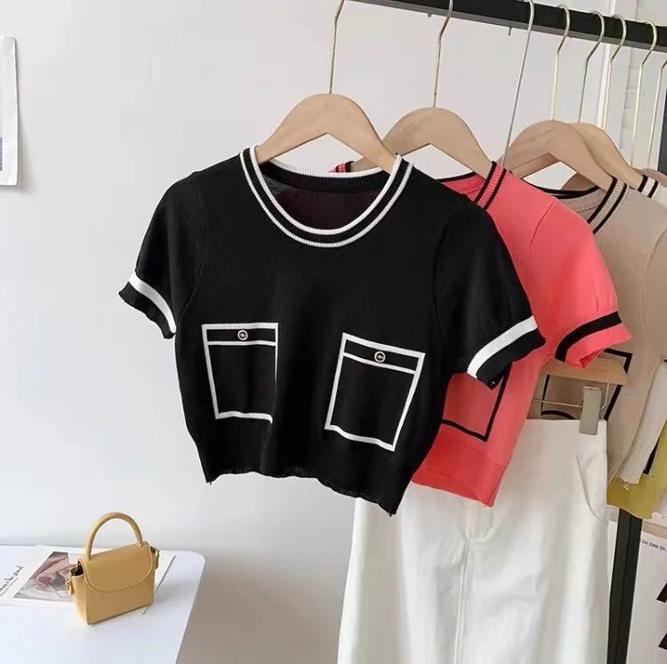 Ice Silk Women's Clothing Color Contrast Crewneck Tops for Women Knitted Short - Sleeved Tee - Zeprah