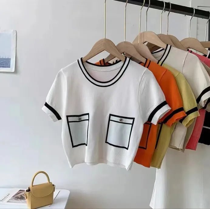 Ice Silk Women's Clothing Color Contrast Crewneck Tops for Women Knitted Short - Sleeved Tee - Zeprah