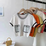 Ice Silk Women's Clothing Color Contrast Crewneck Tops for Women Knitted Short - Sleeved Tee - Zeprah