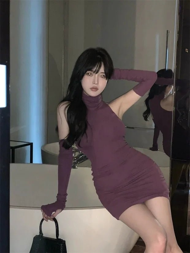 Innocent - Seductive Style Belt Sleeve Dress Women's High Neck Spice Girl Fashion A - Line Hip Dress - Zeprah