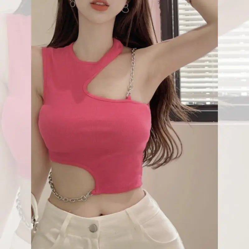 Irregular Design Sense Niche Pure Style Short Metal Chain Knitted Vest Solid Color Short Shoulder Tank Top - Zeprah
