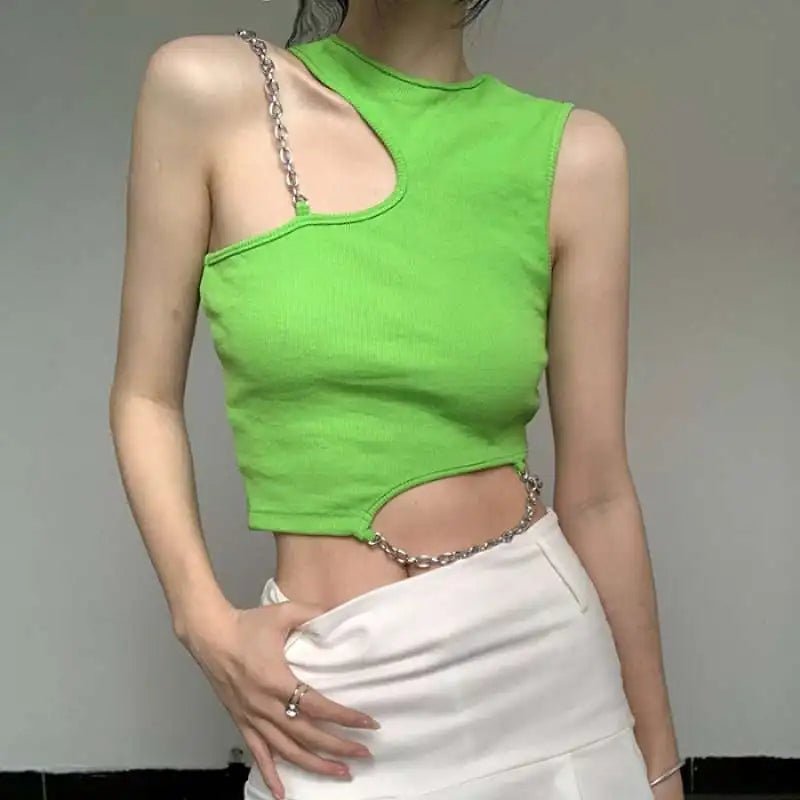 Irregular Design Sense Niche Pure Style Short Metal Chain Knitted Vest Solid Color Short Shoulder Tank Top - Zeprah