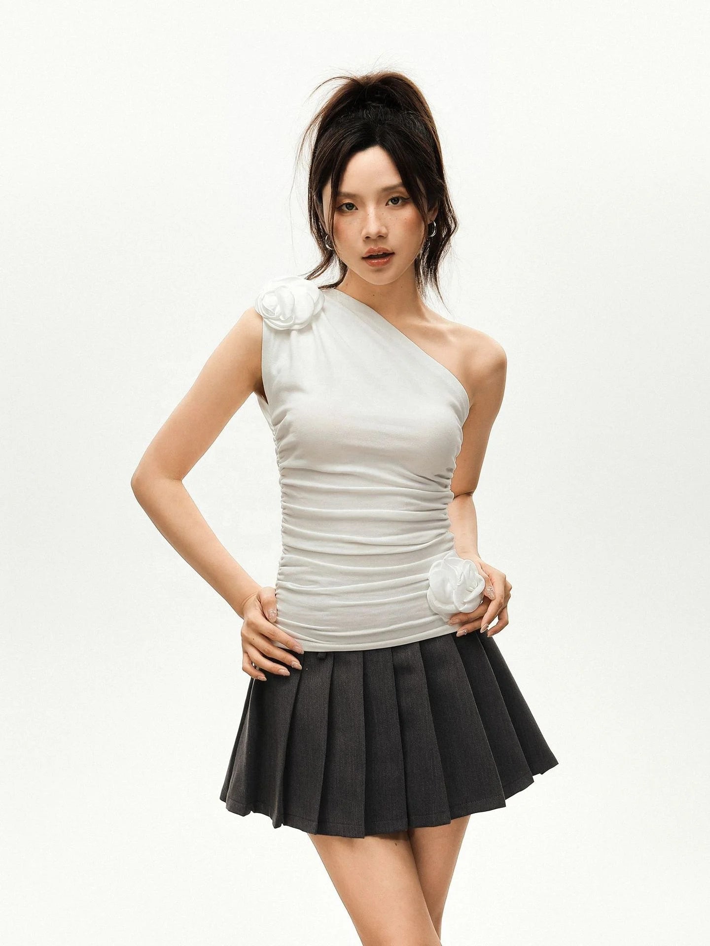 Irregular Slant Shoulder Off - Shoulder Three - Dimensional Flower Top Women's Summer Sleeveless Outer Wear Short Camisole Vest - Zeprah