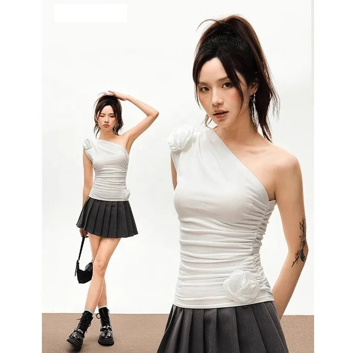 Irregular Slant Shoulder Off - Shoulder Three - Dimensional Flower Top Women's Summer Sleeveless Outer Wear Short Camisole Vest - Zeprah