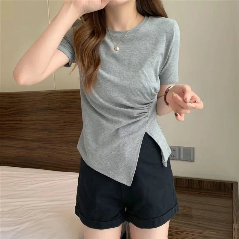 Irregular T-shirt Women's 2025 Summer New Korean - style Tight High Waist T-shirt Women's T-shirts - Zeprah