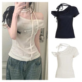 K - Fashion Asymmetrical Knitted Blouse Women Summer Polka Dot Print Off - Shoulder Pullover Slim Fit Cute Casual T-Shirt - Zeprah