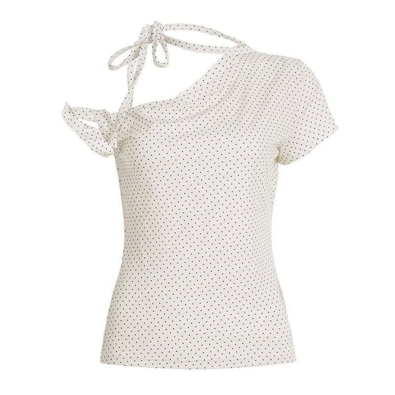 K - Fashion Asymmetrical Knitted Blouse Women Summer Polka Dot Print Off - Shoulder Pullover Slim Fit Cute Casual T-Shirt - Zeprah