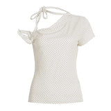 K - Fashion Asymmetrical Knitted Blouse Women Summer Polka Dot Print Off - Shoulder Pullover Slim Fit Cute Casual T-Shirt - Zeprah