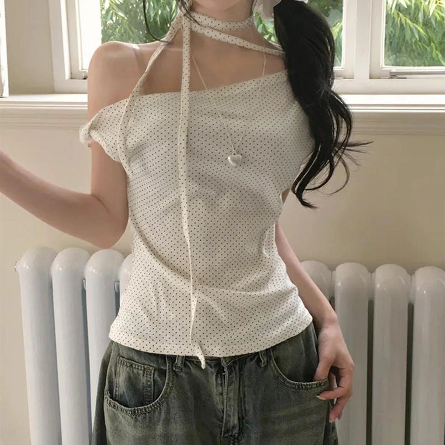 K - Fashion Asymmetrical Knitted Blouse Women Summer Polka Dot Print Off - Shoulder Pullover Slim Fit Cute Casual T-Shirt - Zeprah