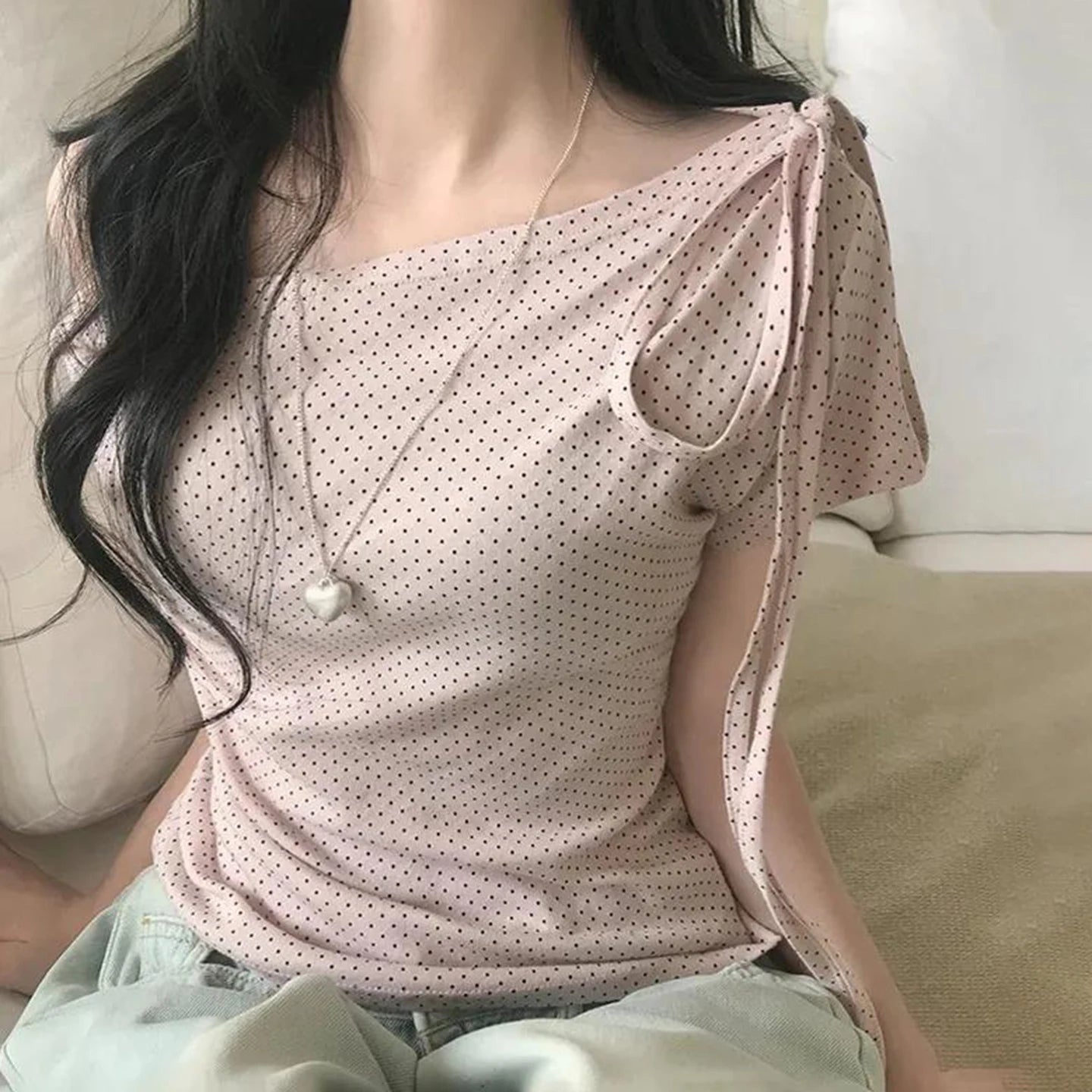 K - Fashion Asymmetrical Knitted Blouse Women Summer Polka Dot Print Off - Shoulder Pullover Slim Fit Cute Casual T-Shirt - Zeprah