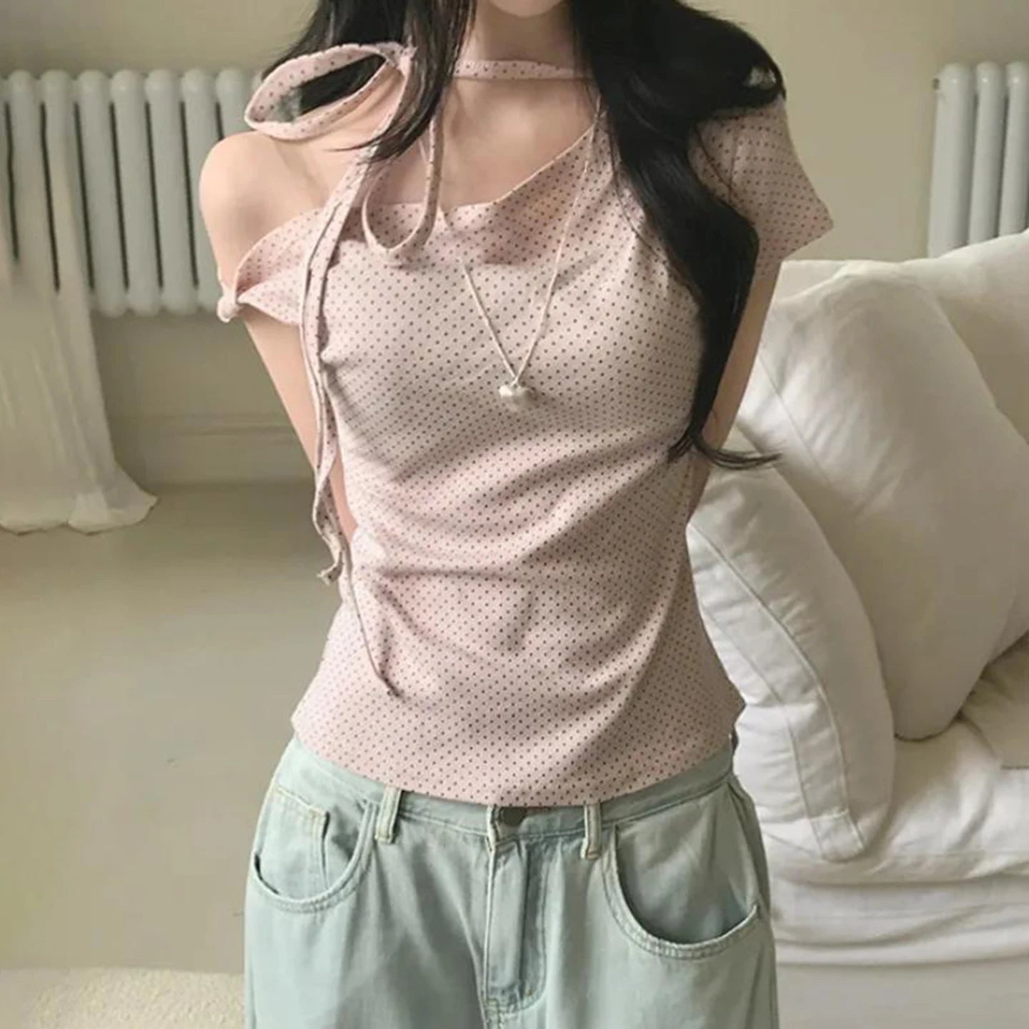 K - Fashion Asymmetrical Knitted Blouse Women Summer Polka Dot Print Off - Shoulder Pullover Slim Fit Cute Casual T-Shirt - Zeprah