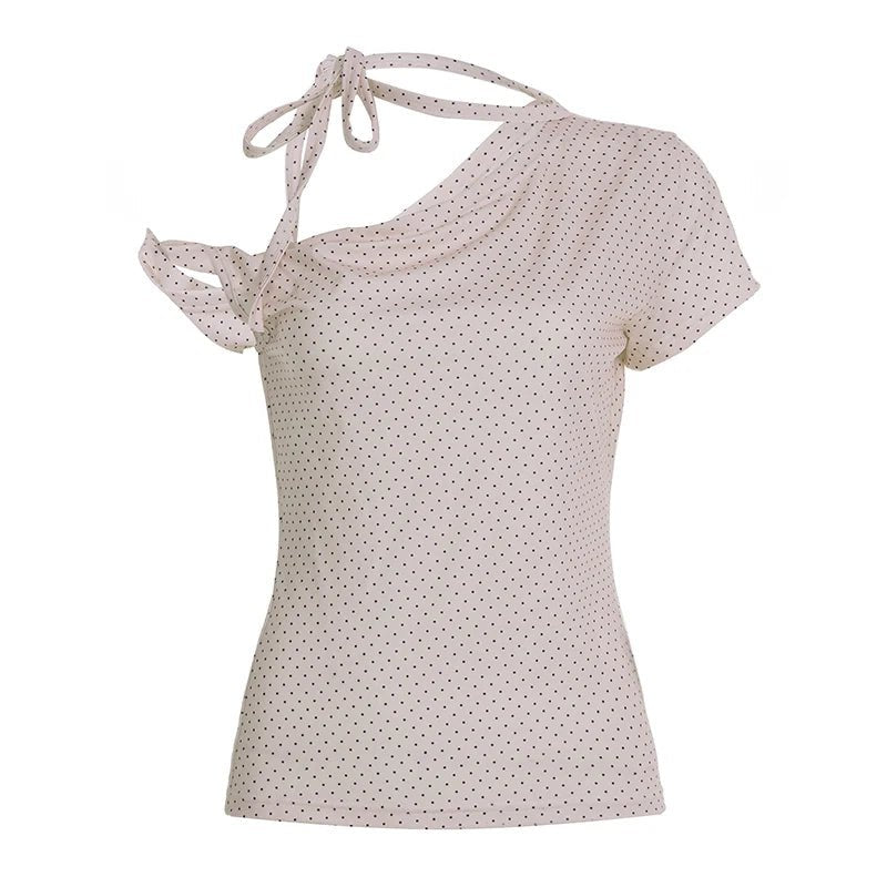 K - Fashion Asymmetrical Knitted Blouse Women Summer Polka Dot Print Off - Shoulder Pullover Slim Fit Cute Casual T-Shirt - Zeprah