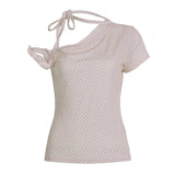 K - Fashion Asymmetrical Knitted Blouse Women Summer Polka Dot Print Off - Shoulder Pullover Slim Fit Cute Casual T-Shirt - Zeprah