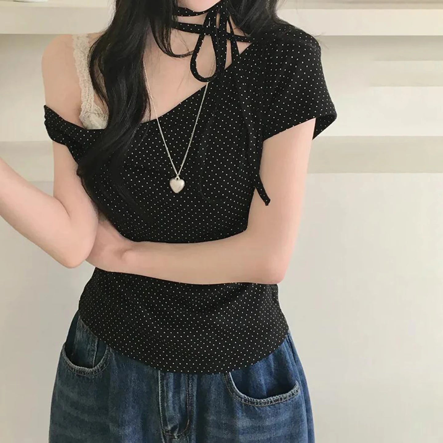 K - Fashion Asymmetrical Knitted Blouse Women Summer Polka Dot Print Off - Shoulder Pullover Slim Fit Cute Casual T-Shirt - Zeprah